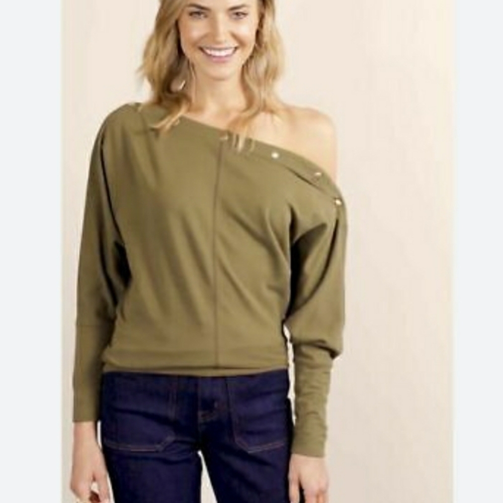 Stella & Dot Cotton Blend Long-SleeveTop with Snap Green Olive Size XL